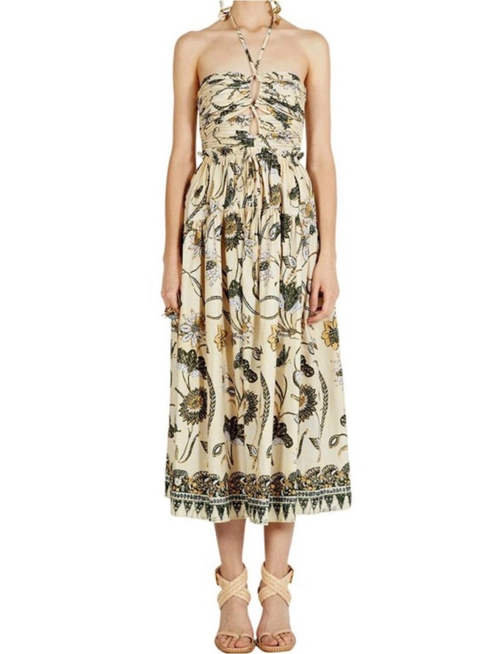 Ulla Johnson Floral Beige Yellow and Black Strapless Midi Dress 4 like new!
